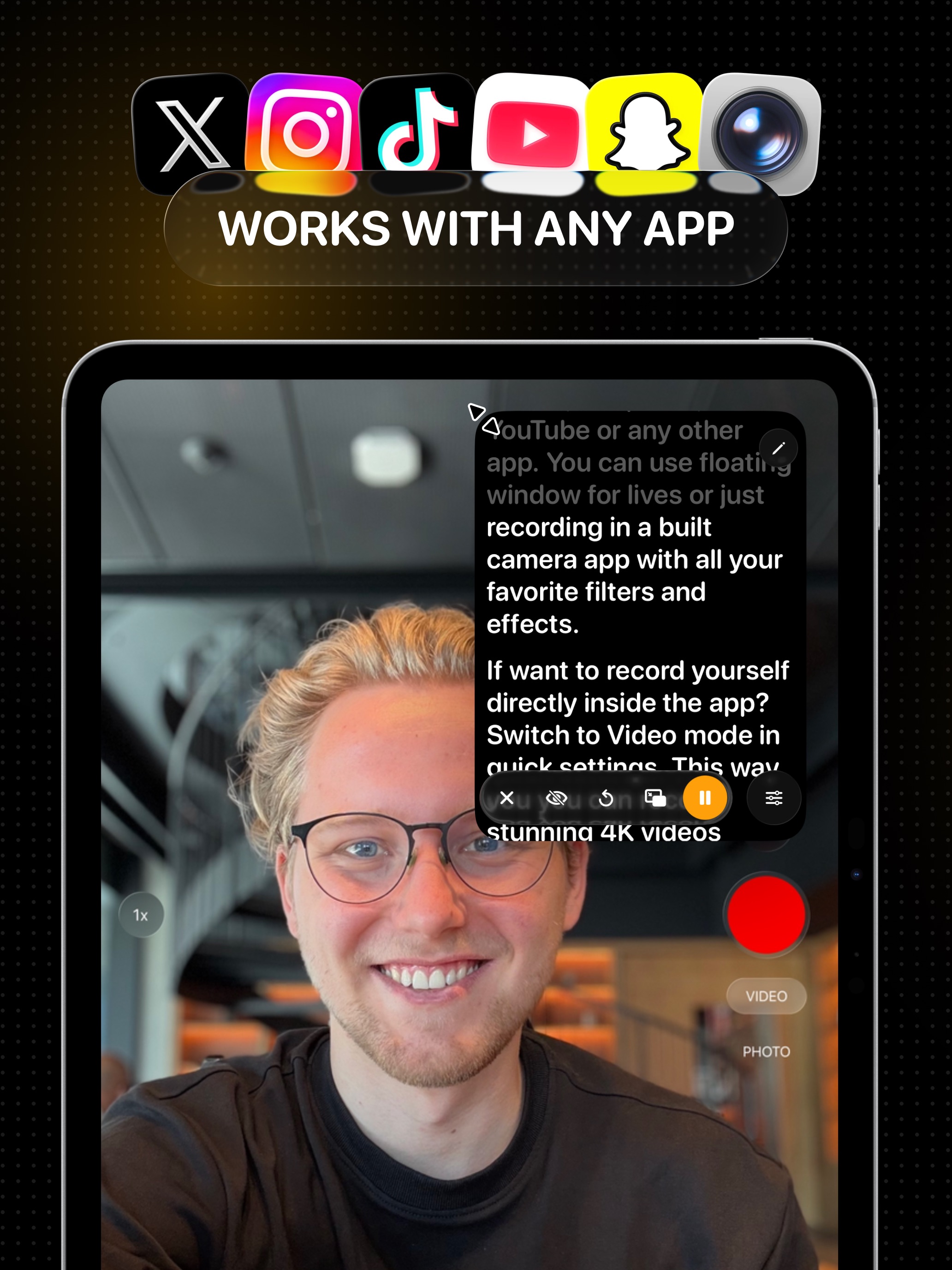 VoicePrompter floating over another app on iPad while filming